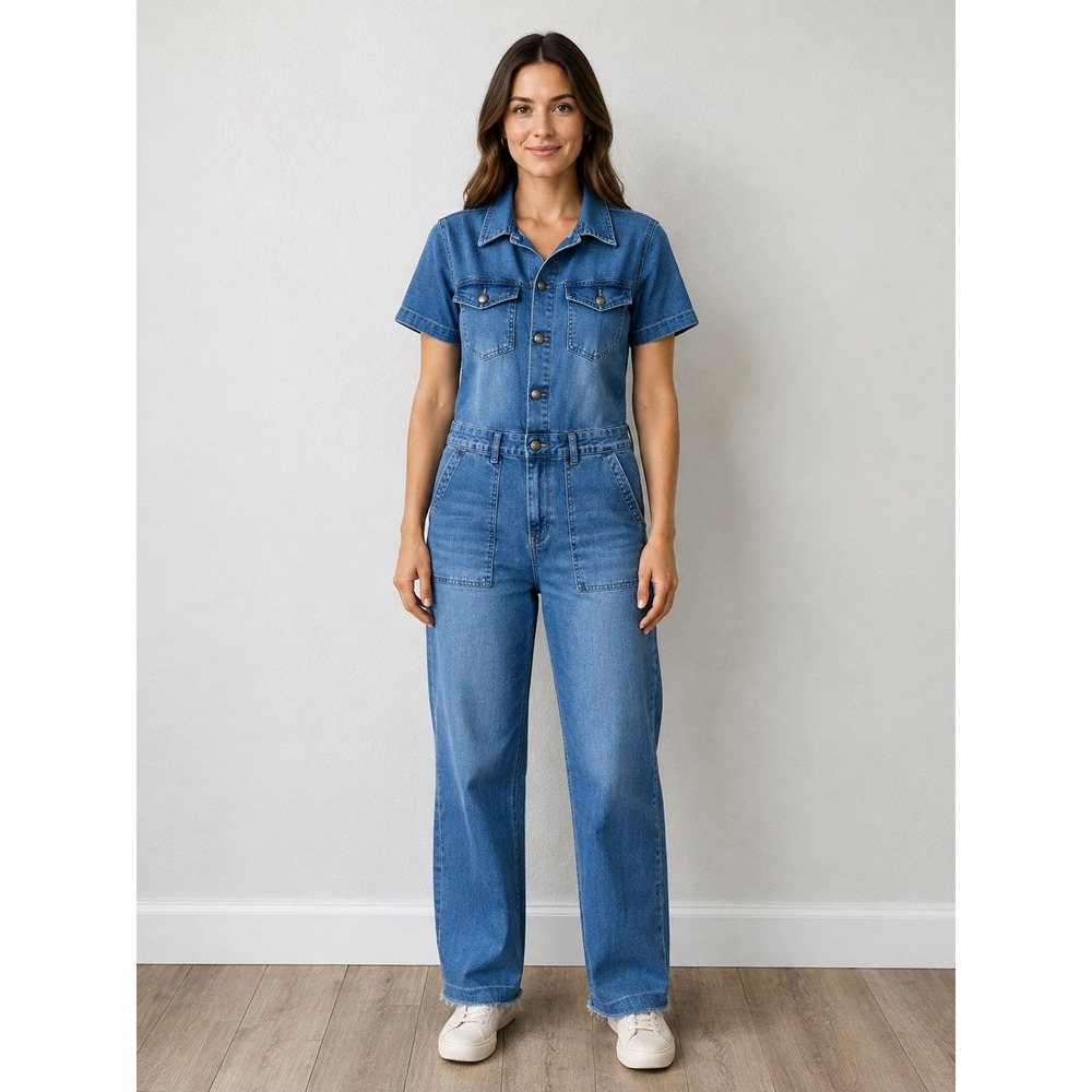 Crazy Train Women's XS Denim Jumpsuit Short Sleeve Wide Leg Utility Western